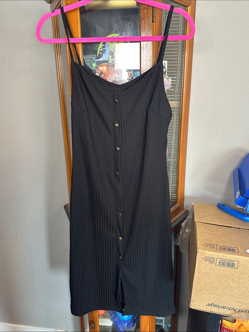 Say What? Black Ribbed Button-Front Spaghetti Strap Midi Dress